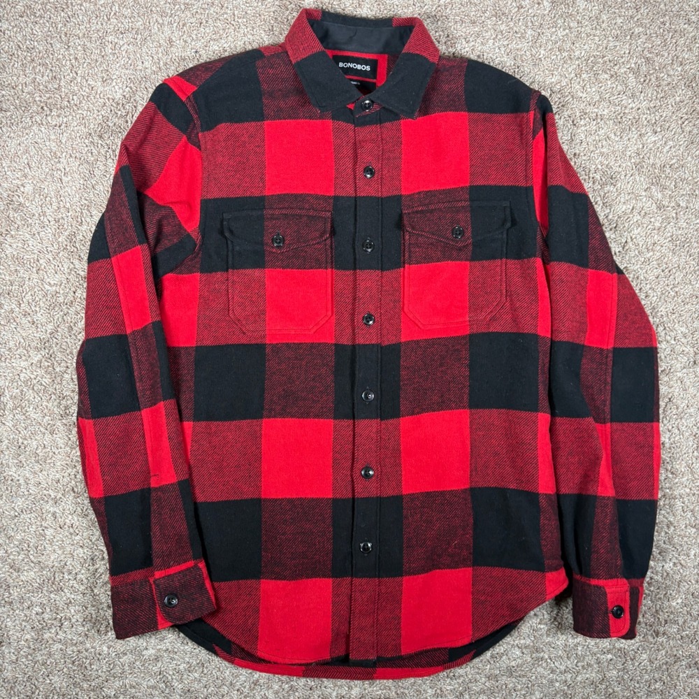 Bonobos Mens Red Black Buffalo Check Flannel Wool Blend Shirt Standard Fit M
